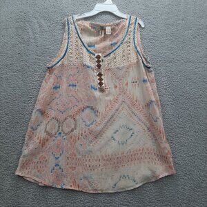 Gimmicks by BKE Boho Crochet Tank Top Cream and Blue